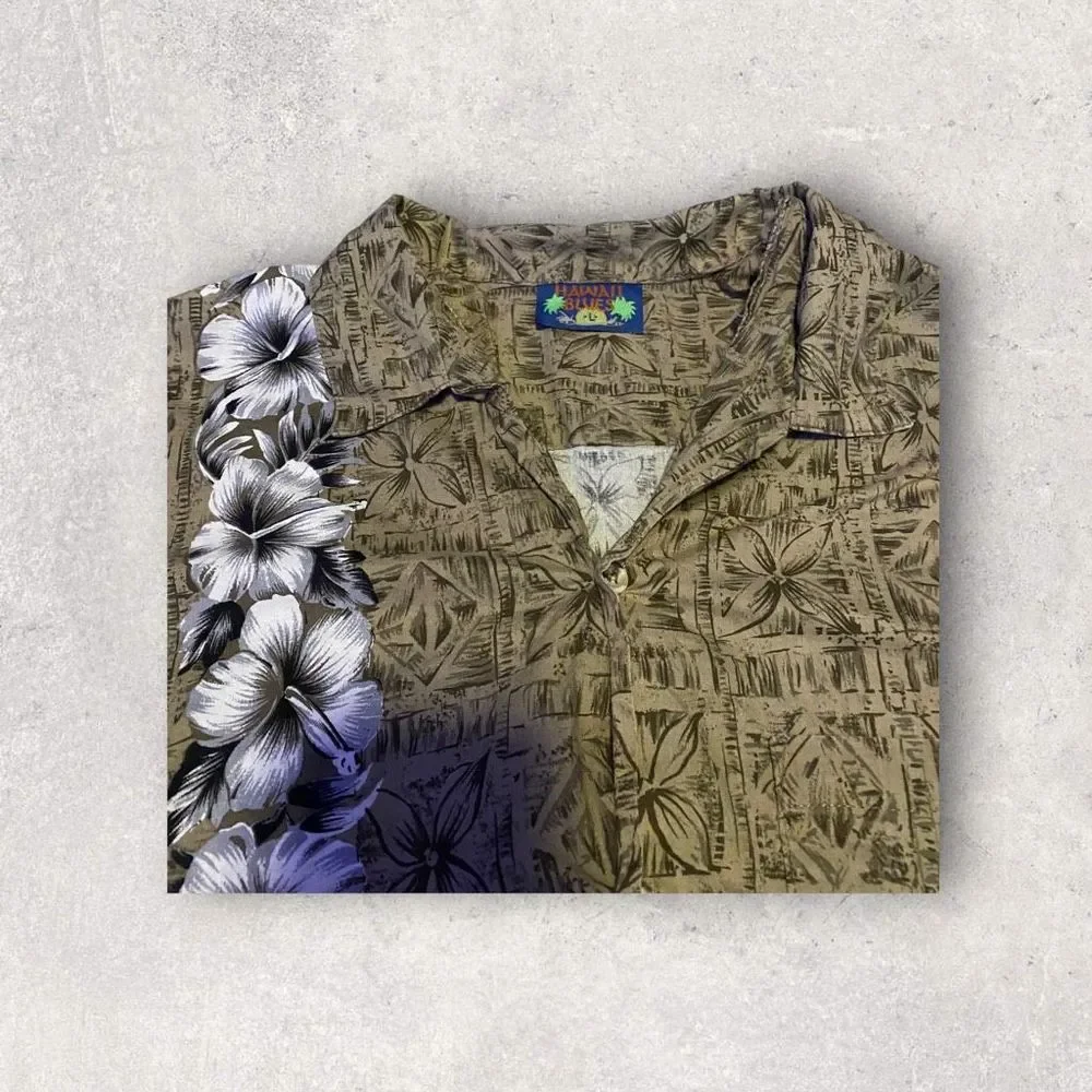 Hawaii Blues Green Floral Hawaiian T-Shirt with White Flower Stripe Men’s Large - Picture 2 of 3